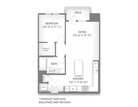 Floor plan for 1 bed, 1 bath, 754 sqft